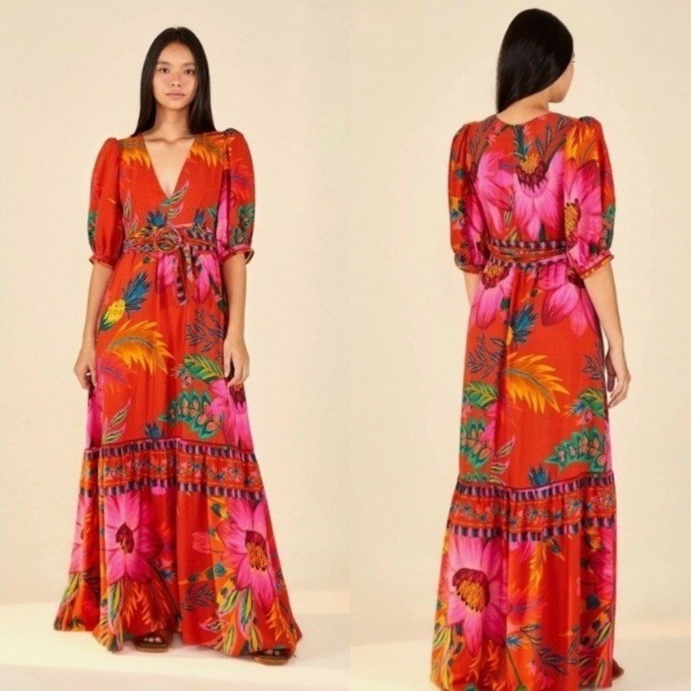 FARM Rio Maxi Flower Floral Maxi Dress Tropical Vacation Boho Resort Chic Medium